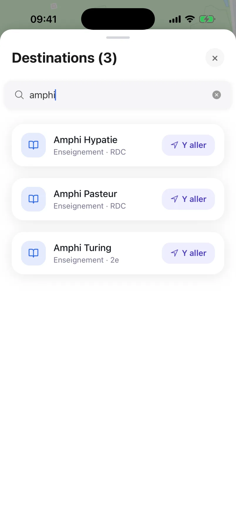 Recherche « amphi » dans l’application : trois amphithéâtres, dont l’amphi Turing au 2e étage