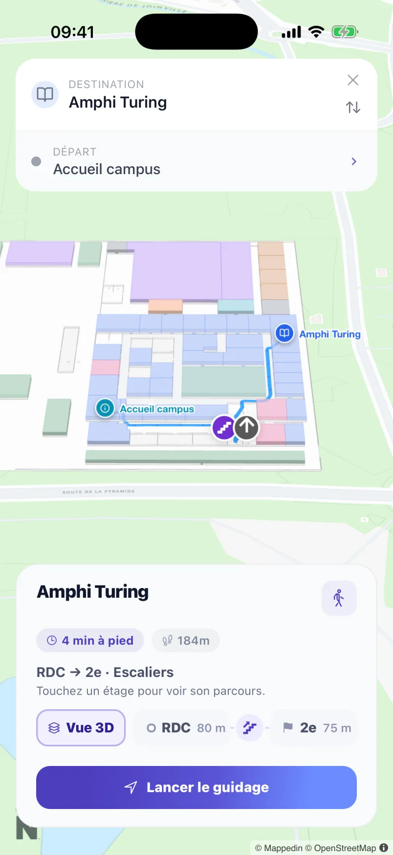Itinéraire de l’accueil à l’amphi Turing : 4 min à pied, RDC vers 2e par les escaliers