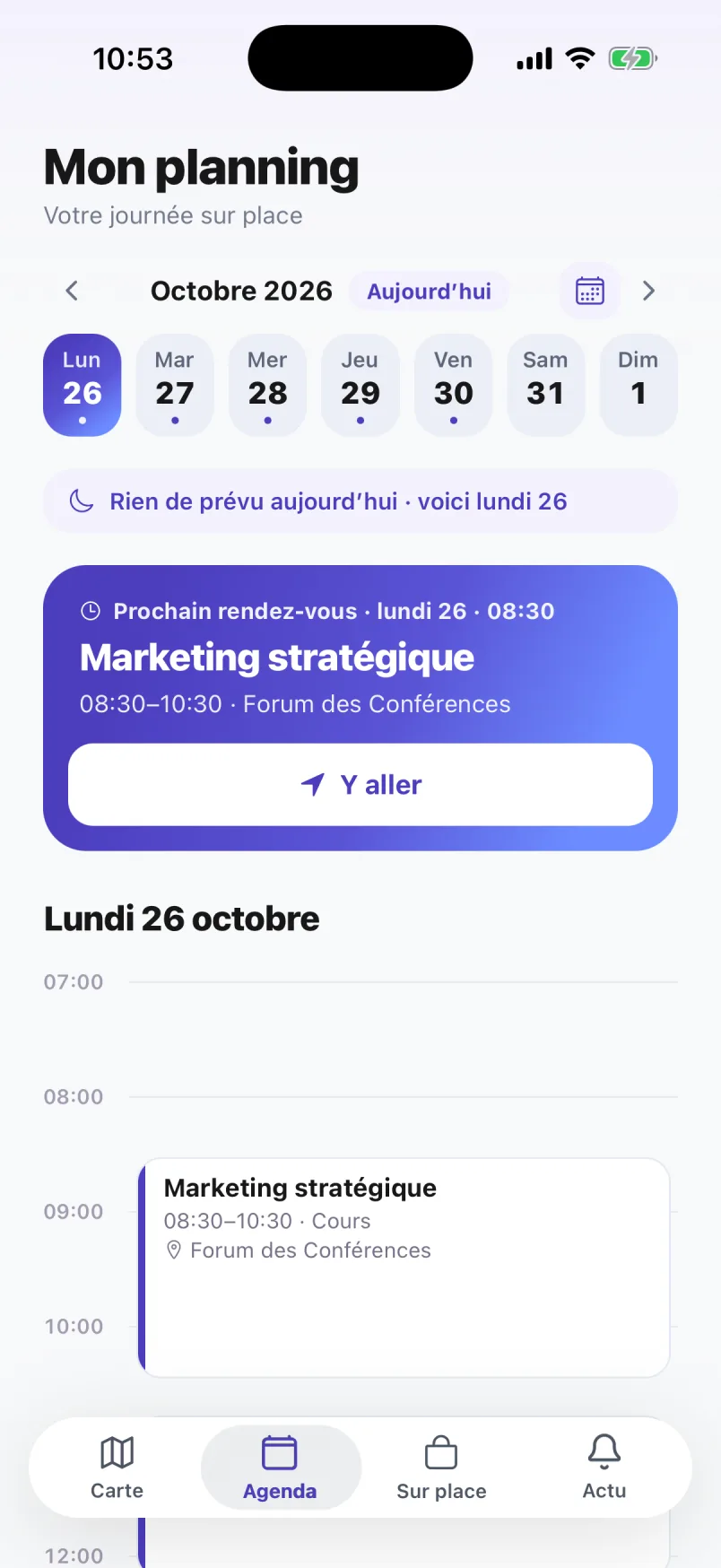 Onglet Agenda : prochain rendez-vous et planning de la journée