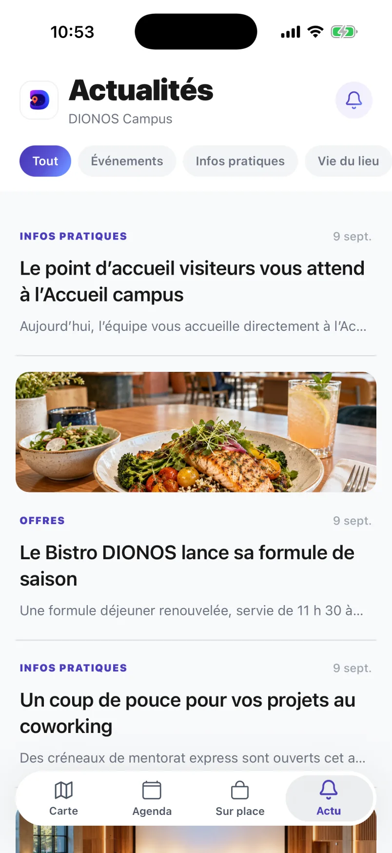 Onglet Actu : actualités du lieu de démonstration