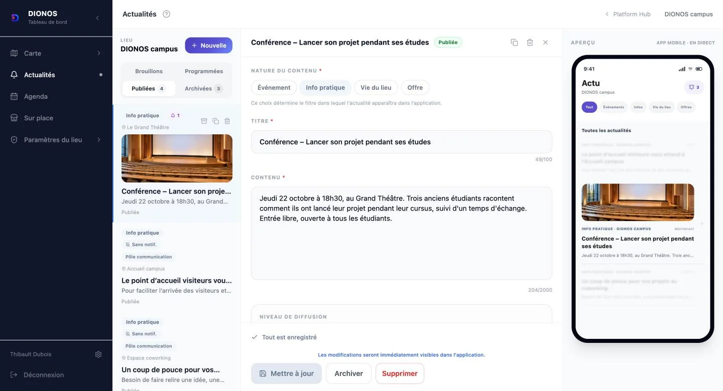 Tableau de bord DIONOS, page Actualités, sur le lieu de démonstration Dionos Campus