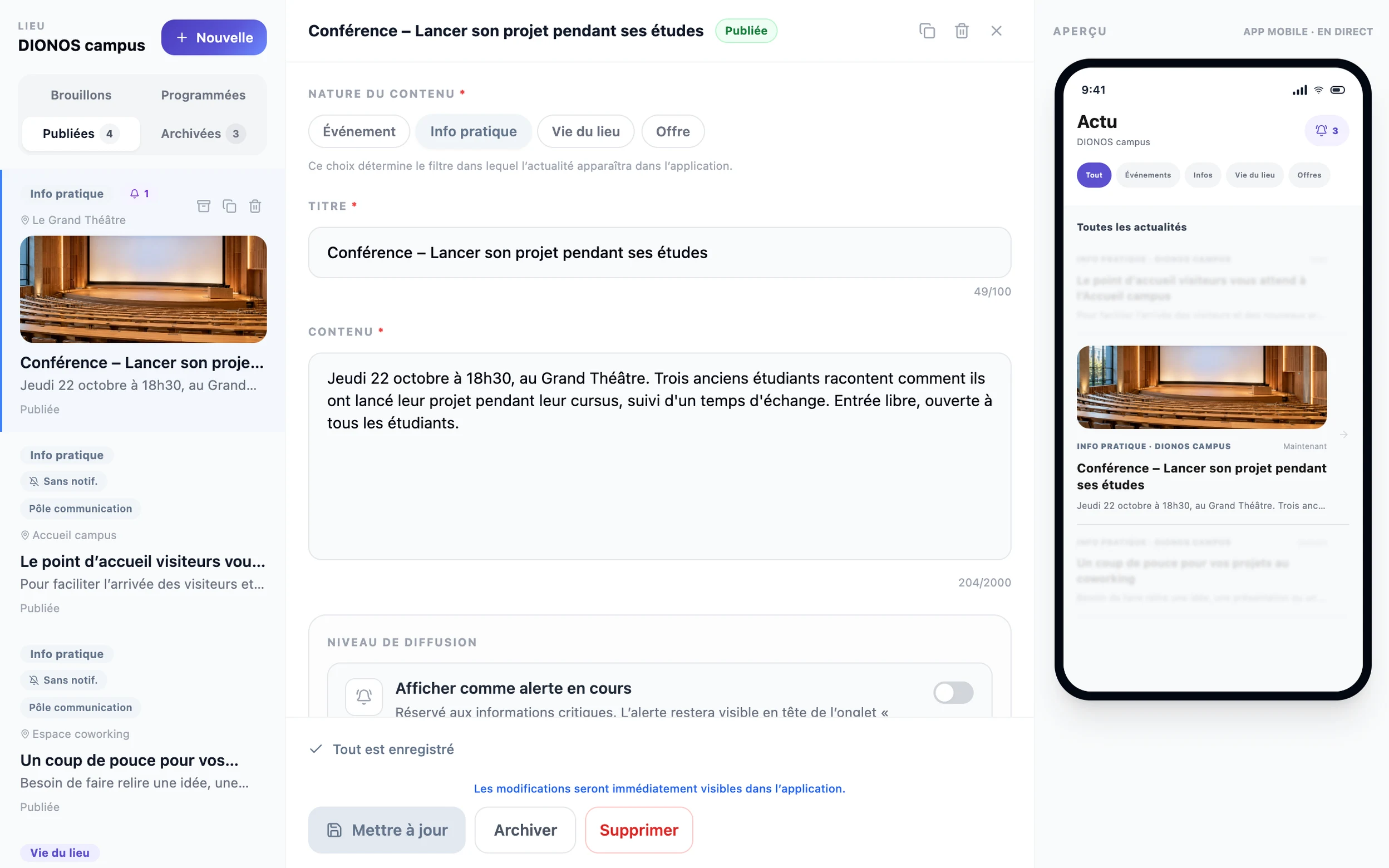 Édition d’une actualité dans le tableau de bord, avec l’aperçu en direct dans l’application