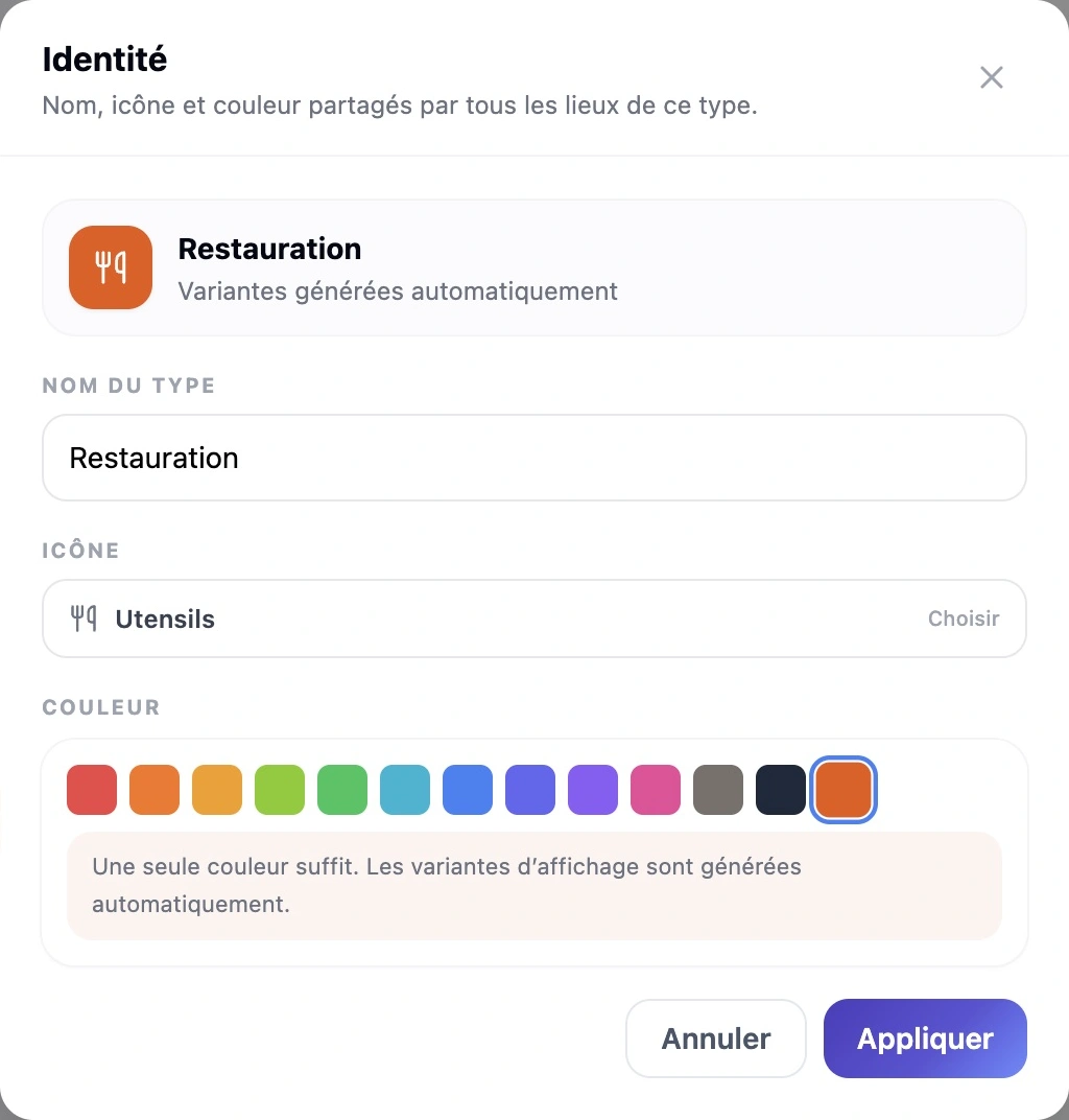 Types de lieux, couleurs et icônes dans le tableau de bord Dionos Campus