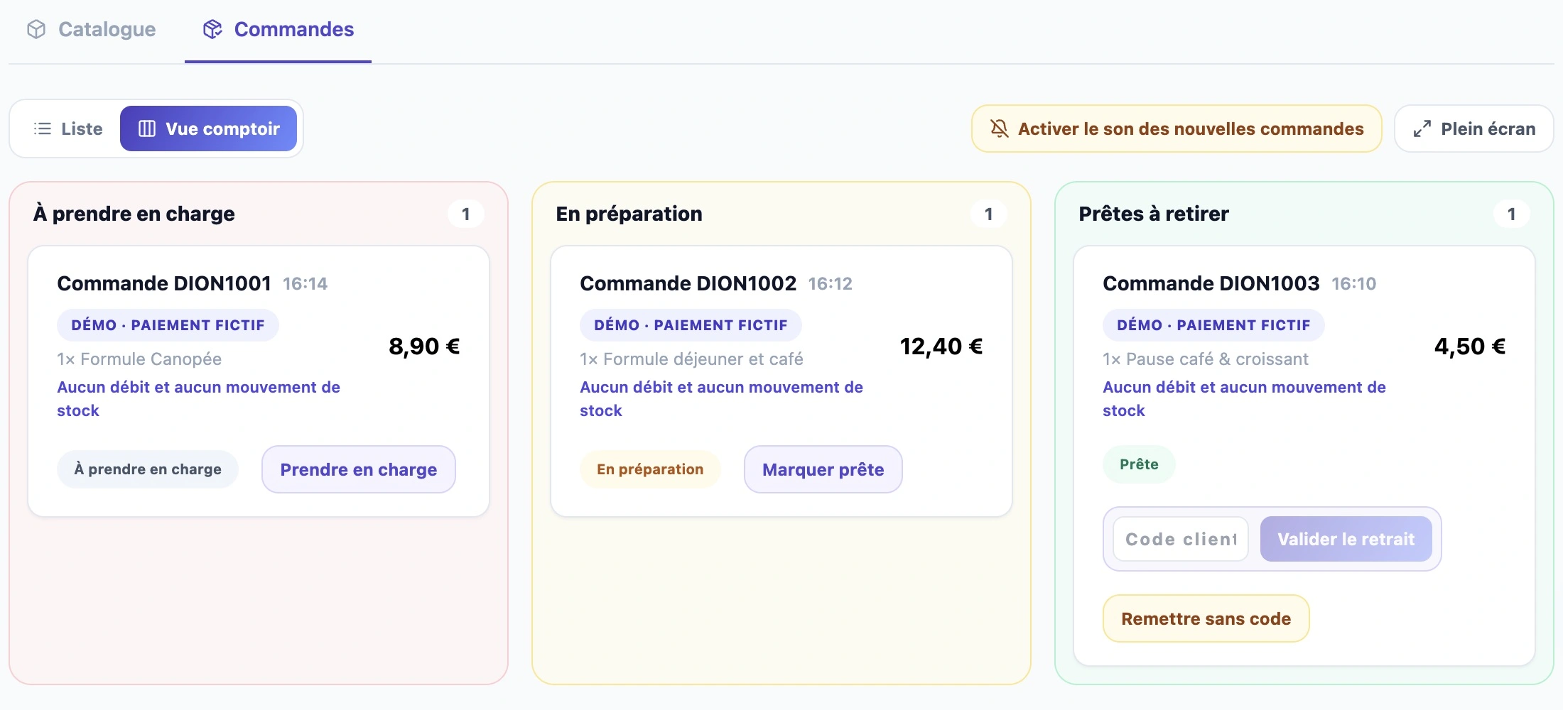 Vue comptoir : trois commandes fictives, à prendre en charge, en préparation et prêtes à retirer